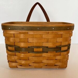Hand-woven Signed Basket with Green Accents and Leather Handle